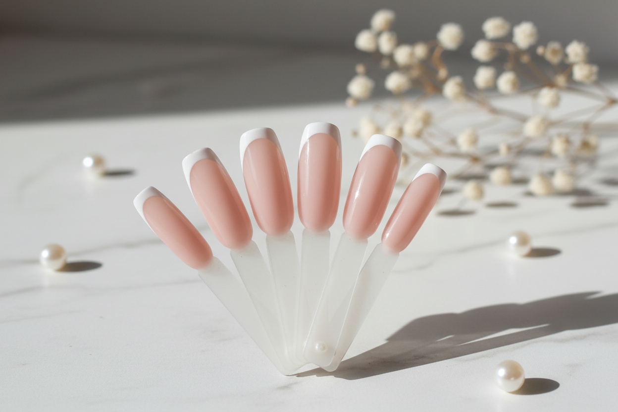 French tip press-on nails close-up